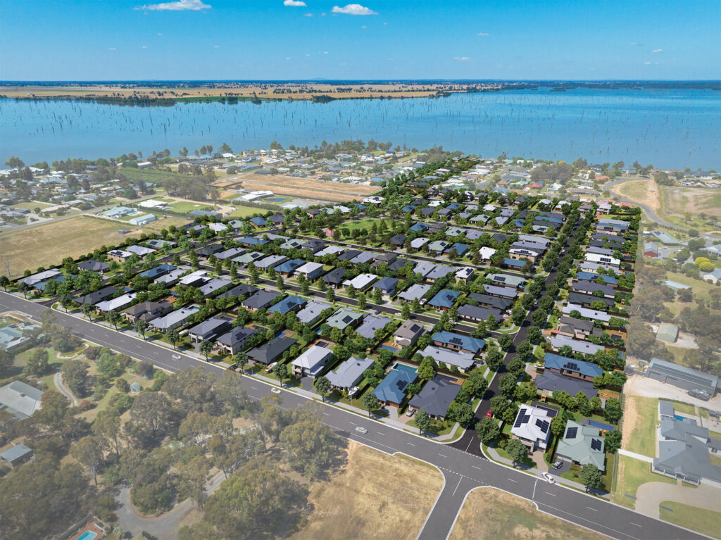 Aerial photomontage of The Willows estate in Yarrawonga and Lake Mulwala in the background.