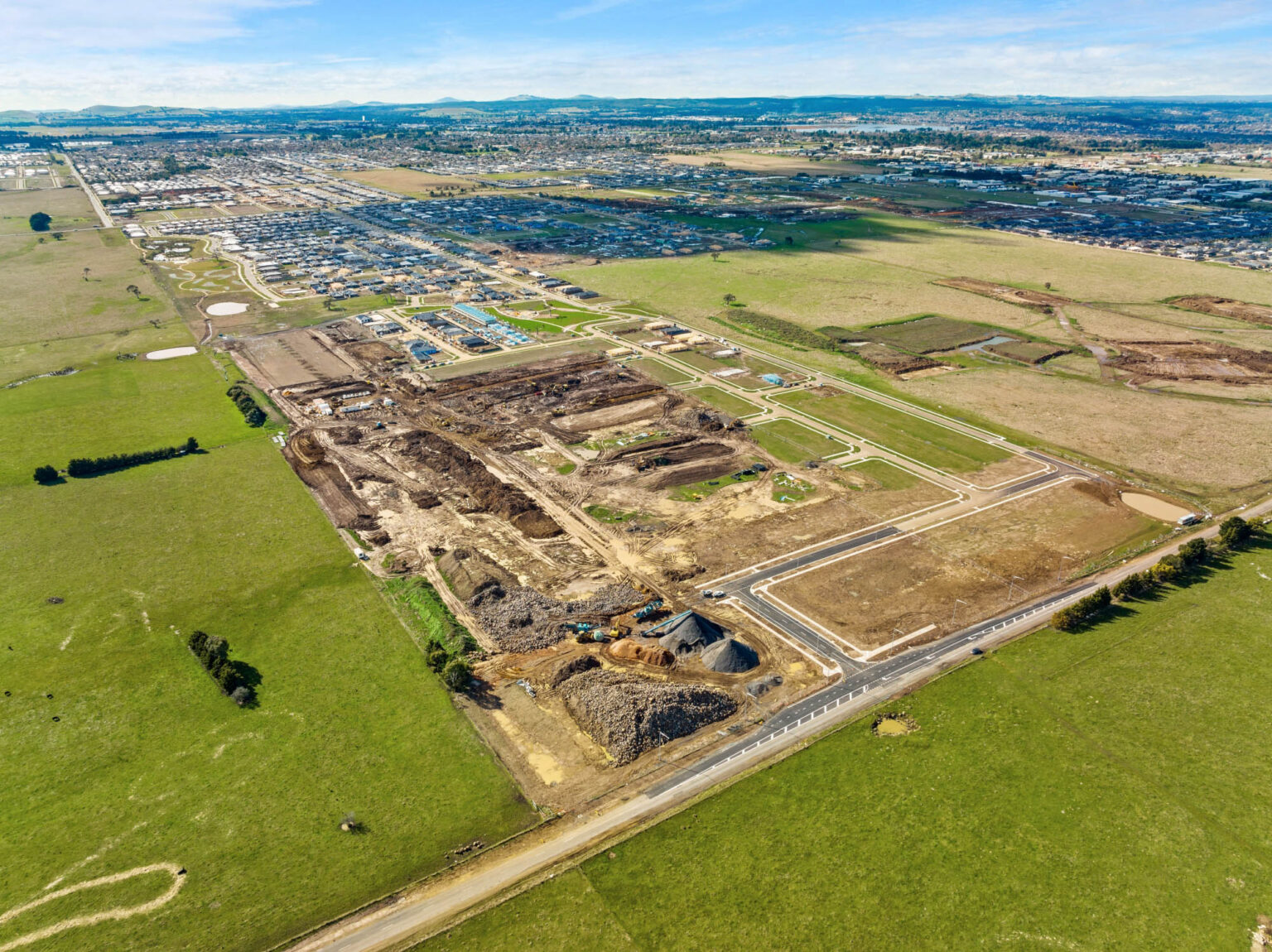 Aerial view of civil construction at Conroys Green estate in Ballarat.