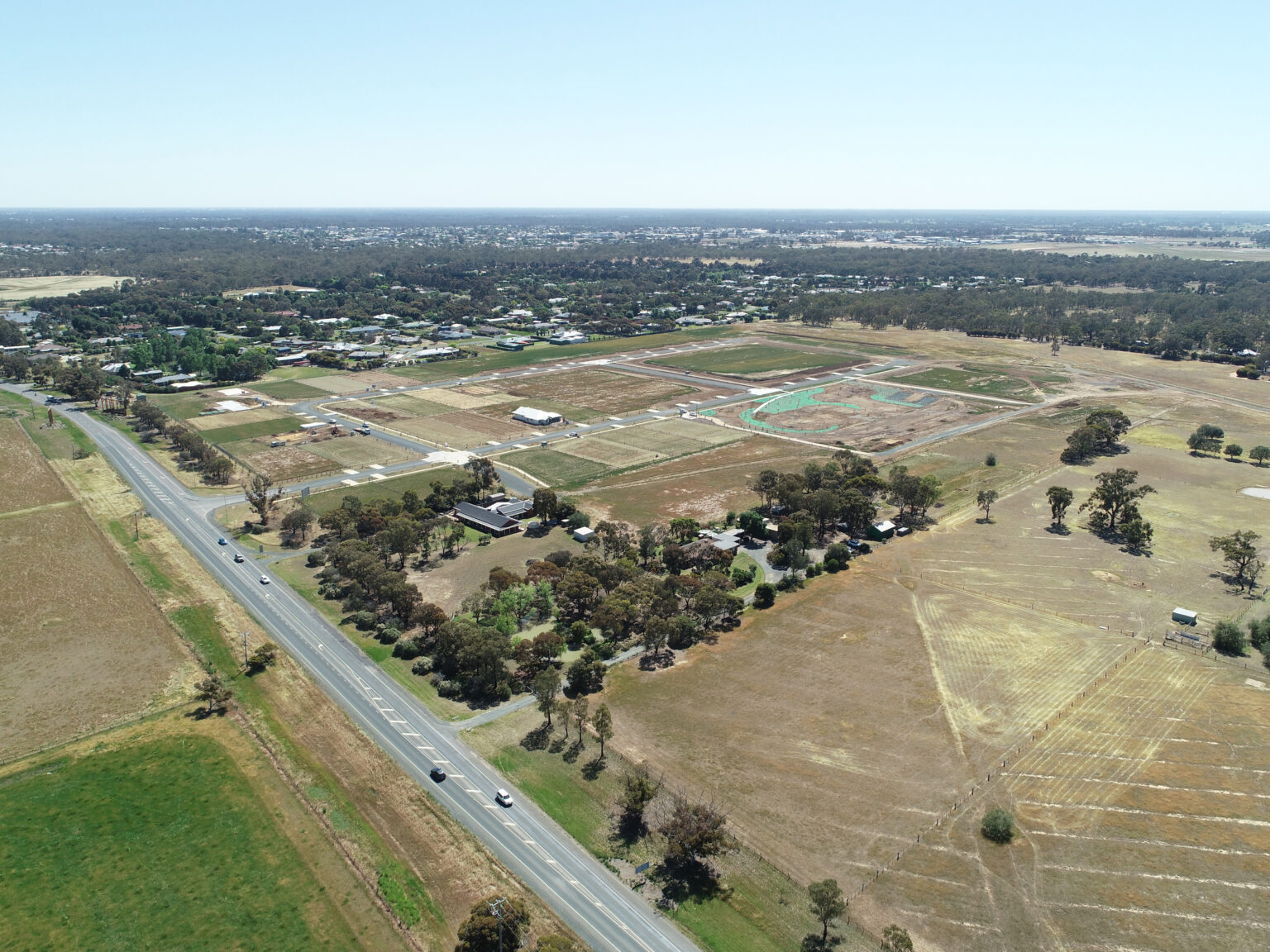 Aerial photograph of civil construction progress at Echuca Fields.