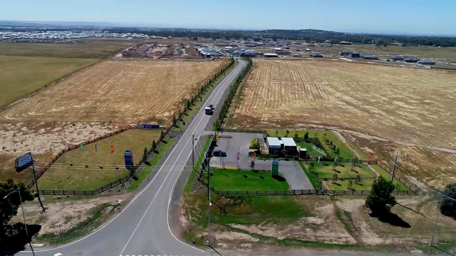 Aerial view of road leading into Botanical estate in Mickleham.