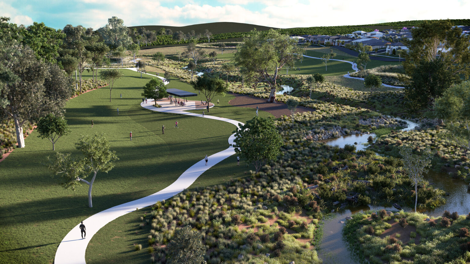 3D render of open space designed by Spiire landscape architects at Riverhills estate in Melbourne.