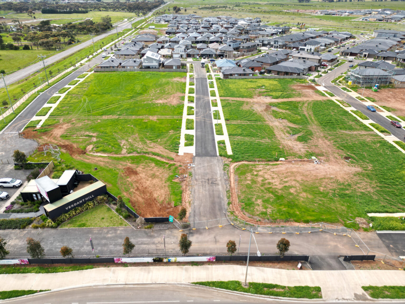 Aerial photograph of civil construction progress at Verdant Hill estate in Melbourne.