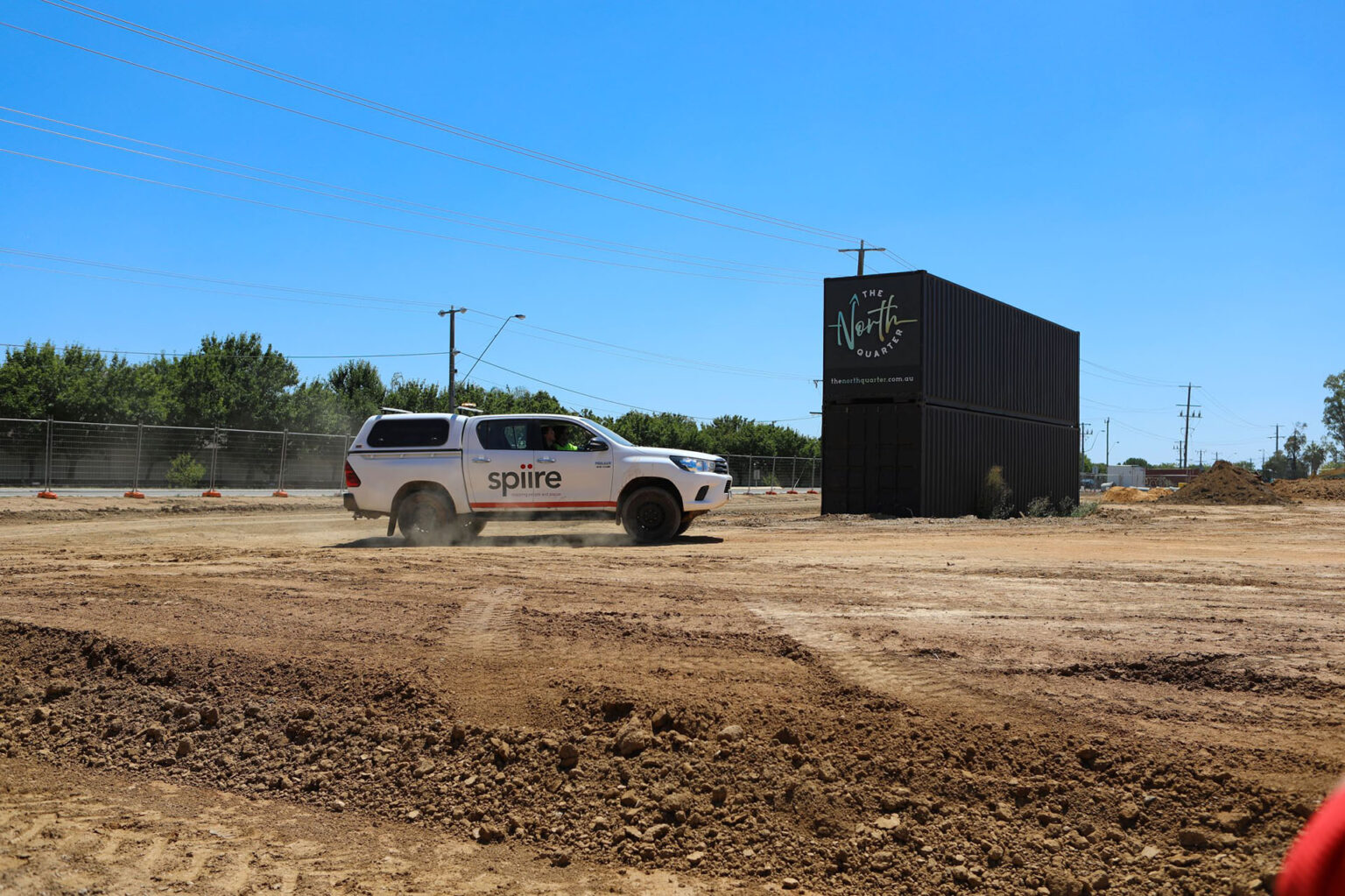 Spiire vehicle at civil construction site of the North Quarter development in Shepparton.