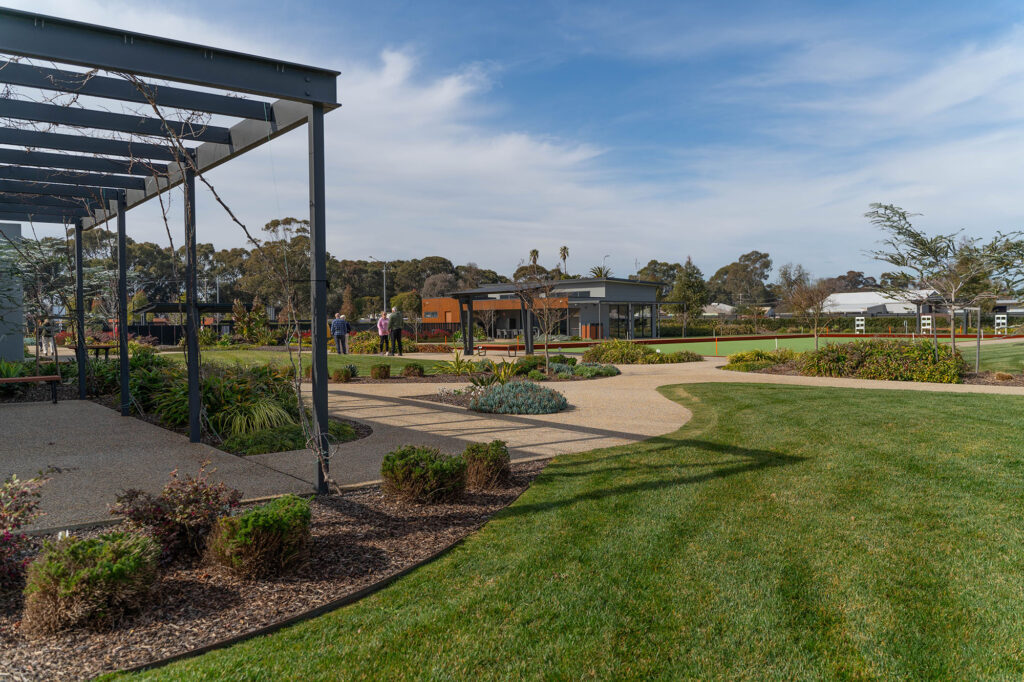 People gathered near the resident facilities at Waterways Lifestyle Village in Nagambie.