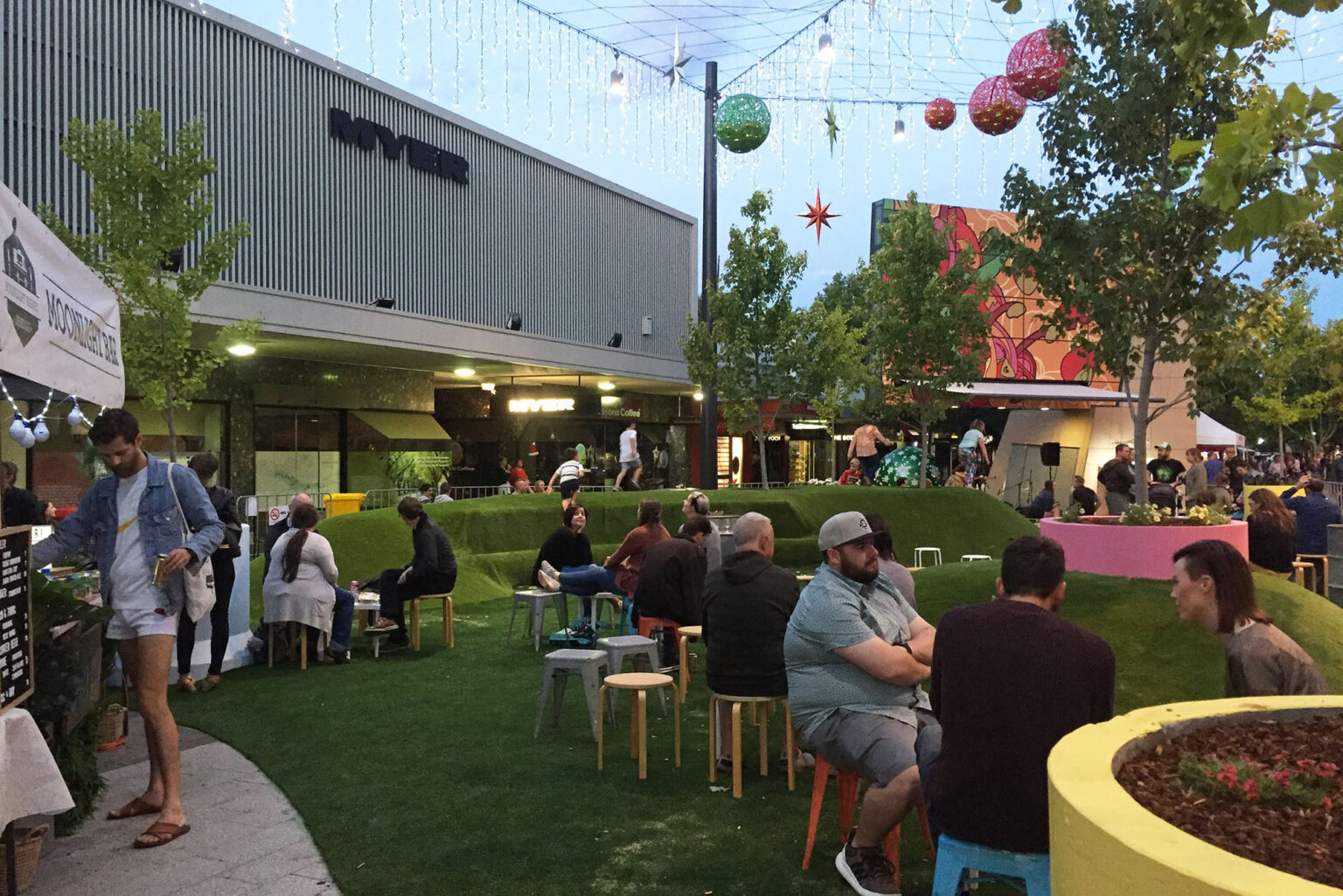 Moonlight market at the pop-up park designed by Spiire Landscape Architects for Bendigo's Hargreaves Mall.