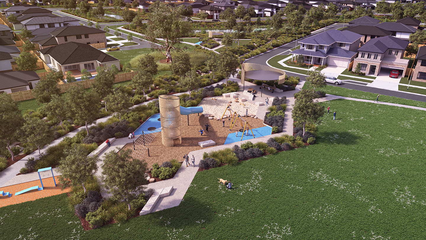 3D Render of Aquarevo play space designed by Spiire Landscape Architecture